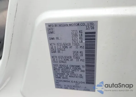 2017 Nissan Pathfinder Sv z USA, uszkodzony, nr VIN 5N1DR2MN9HC646104